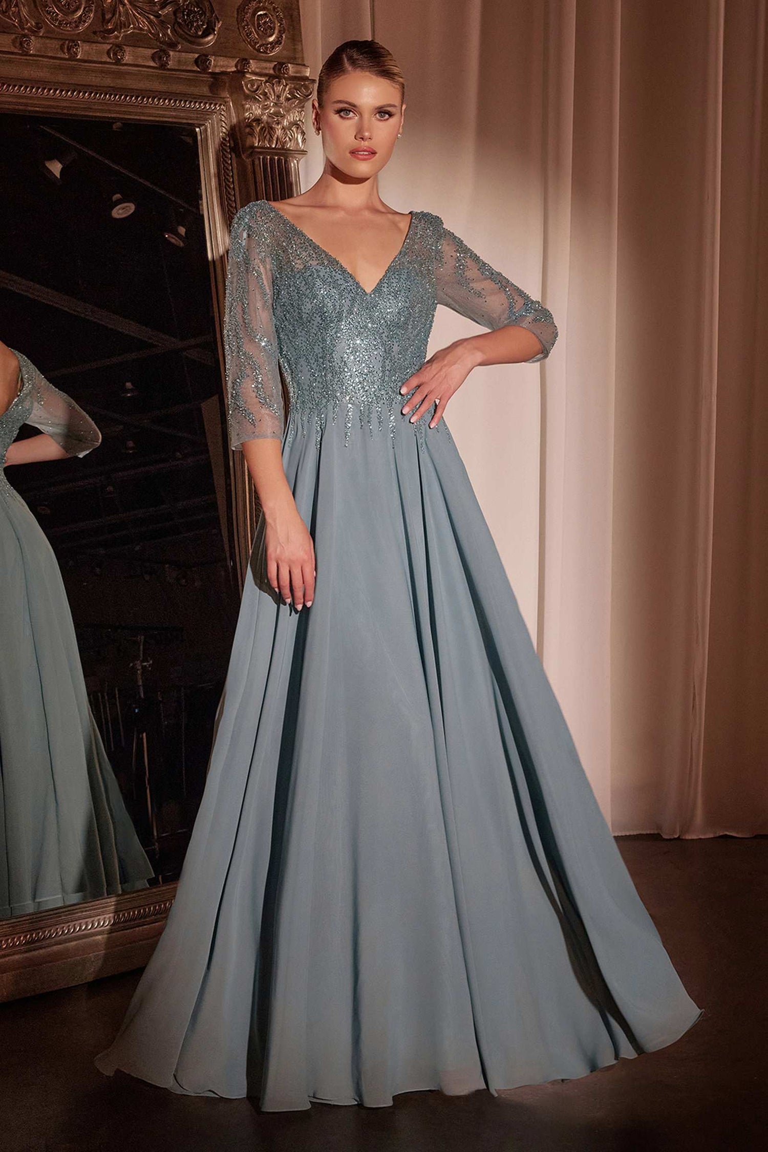 Cinderella Divine CD0171 Flowy Chiffon A-Line Gown 3/4 Length Sleeves by DiscountDressShop