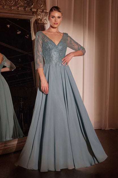 Cinderella Divine CD0171 Flowy Chiffon A-Line Gown 3/4 Length Sleeves by DiscountDressShop
