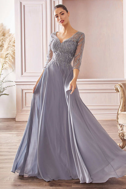 Cinderella Divine CD0171 Flowy Chiffon A-Line Gown 3/4 Length Sleeves by DiscountDressShop