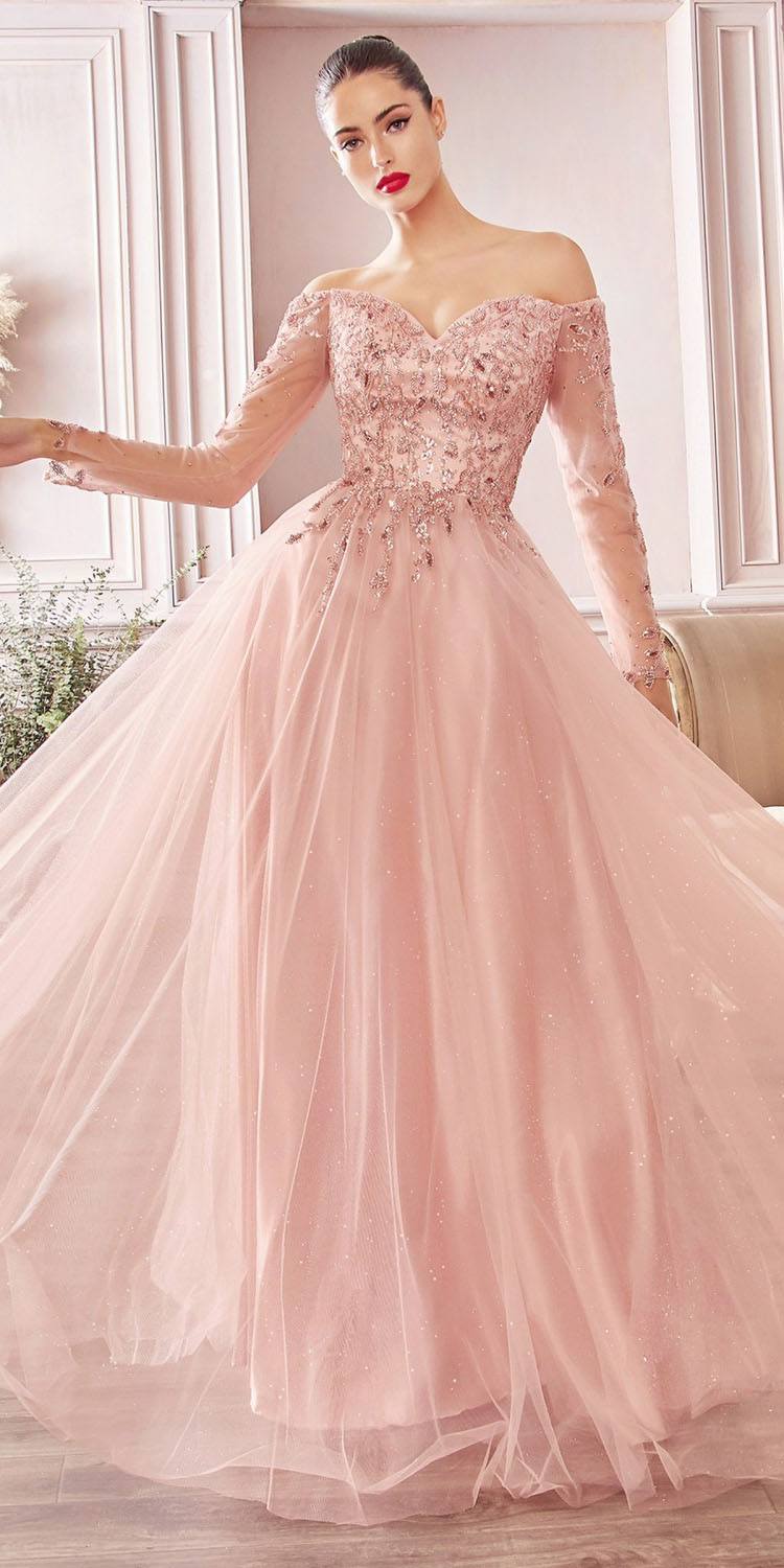 Cinderella Divine CD0172 A-Line Layered Tulle Gown Off The Shoulder Long Sleeve by DiscountDressShop
