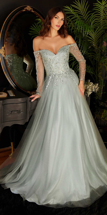 Cinderella Divine CD0172 A-Line Layered Tulle Gown Off The Shoulder Long Sleeve by DiscountDressShop