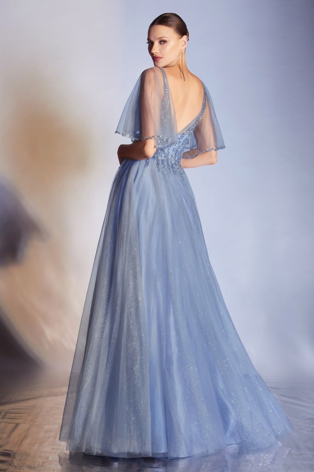 Cinderella Divine CD0175 Floor Length Layered Tulle A-Line Gown Butterfly Sleeve by DiscountDressShop