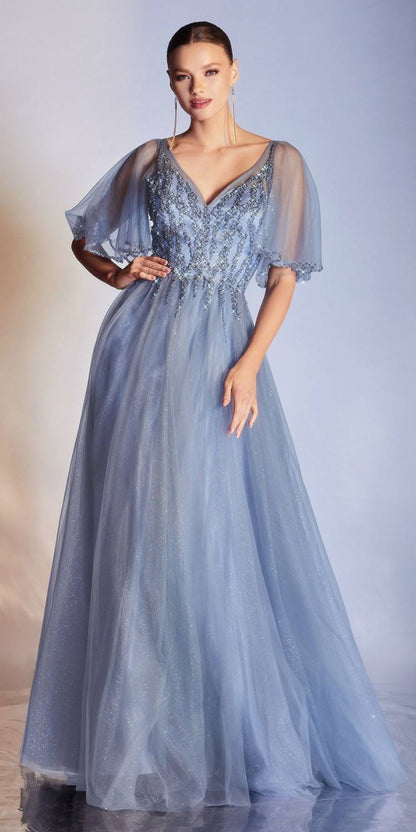 Cinderella Divine CD0175 Floor Length Layered Tulle A-Line Gown Butterfly Sleeve by DiscountDressShop