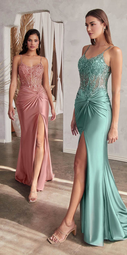 Ladivine CD0176 Long Fitted Satin Gown Sheer Embellished Boned Bodice by DiscountDressShop