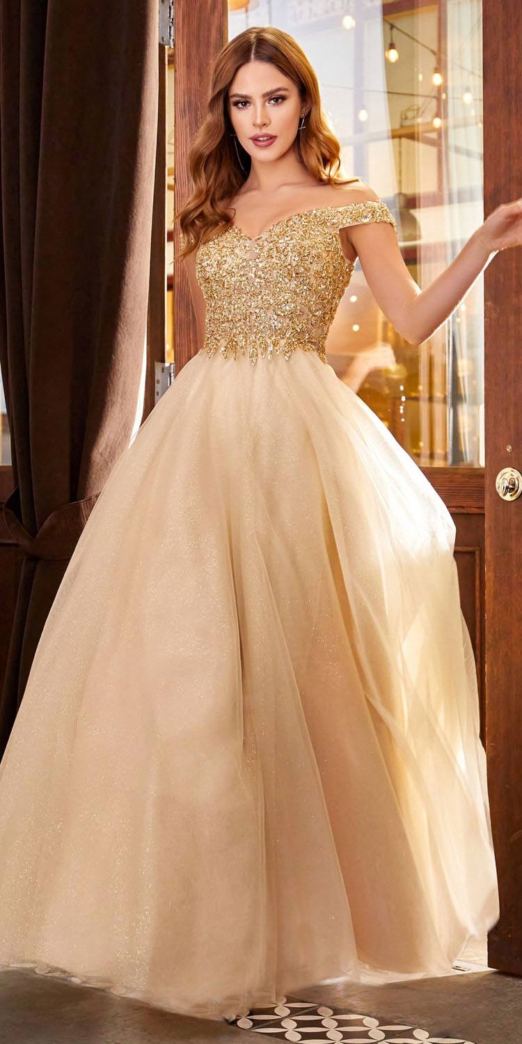 Cinderella Divine CD0177 Glitter Tulle A-Line Ball Gown Off the Shoulder by DiscountDressShop
