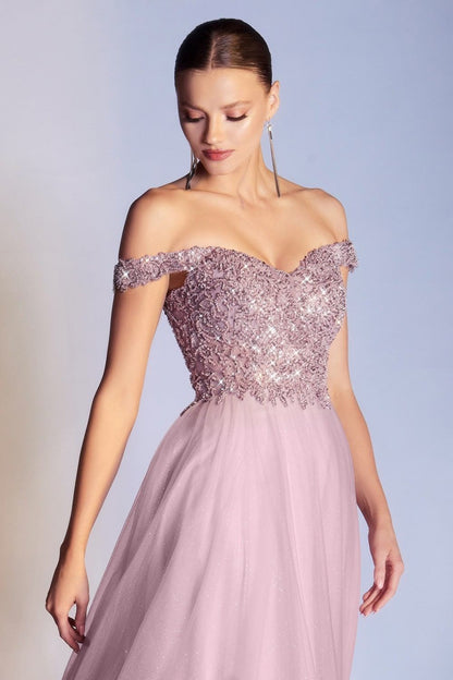 Cinderella Divine CD0177 Glitter Tulle A-Line Ball Gown Off the Shoulder by DiscountDressShop