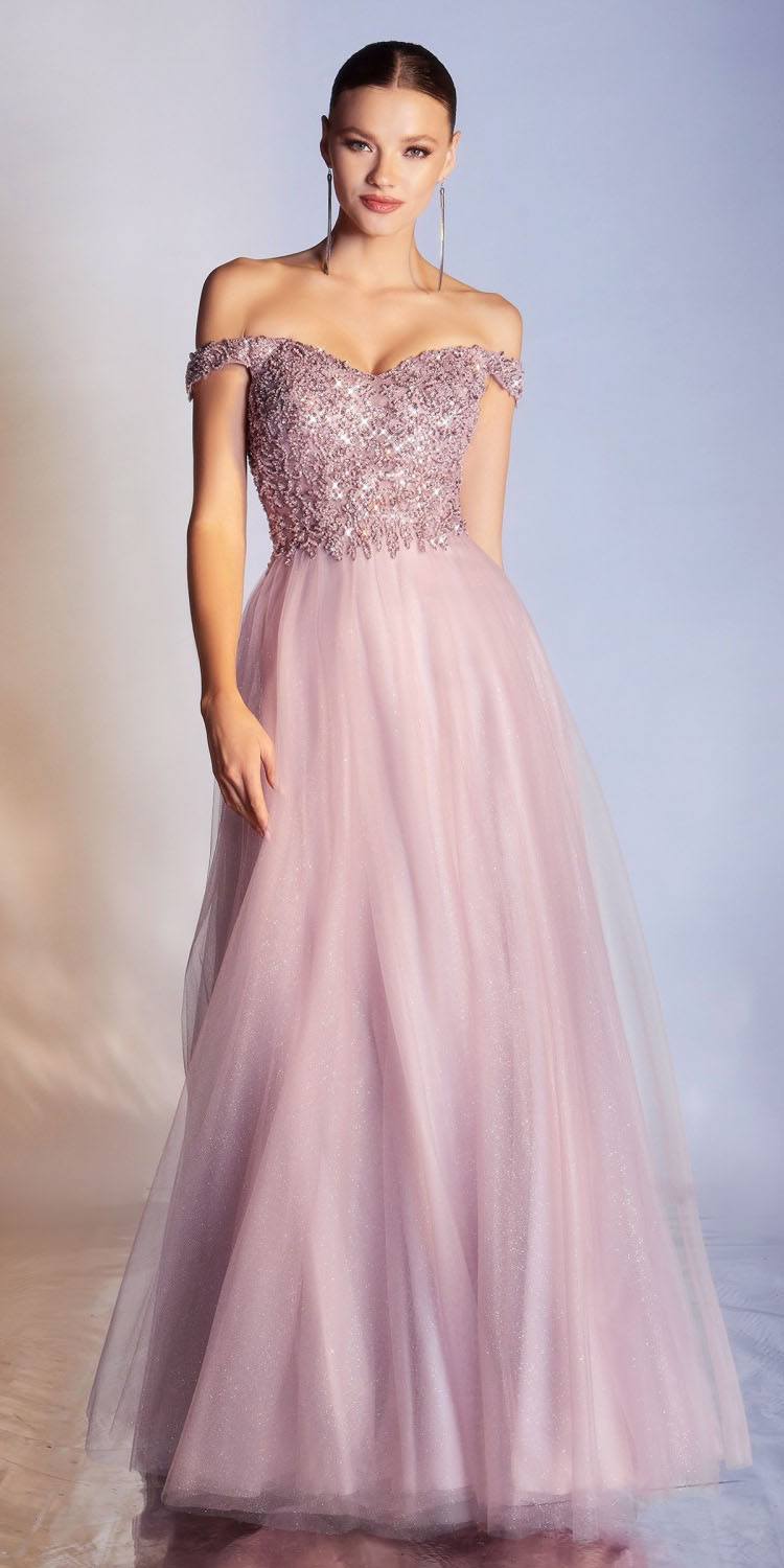Cinderella Divine CD0177 Glitter Tulle A-Line Ball Gown Off the Shoulder by DiscountDressShop