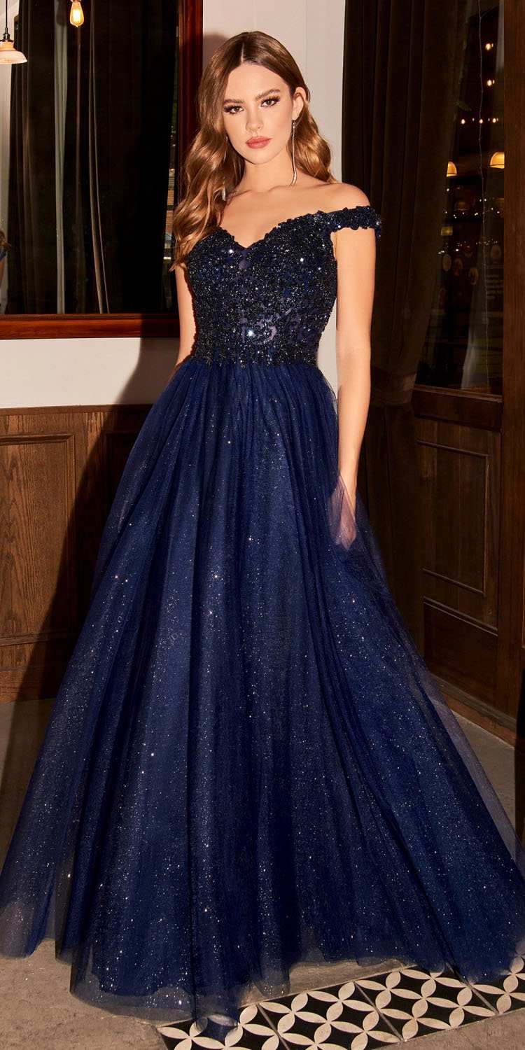 Cinderella Divine CD0177 Glitter Tulle A-Line Ball Gown Off the Shoulder by DiscountDressShop