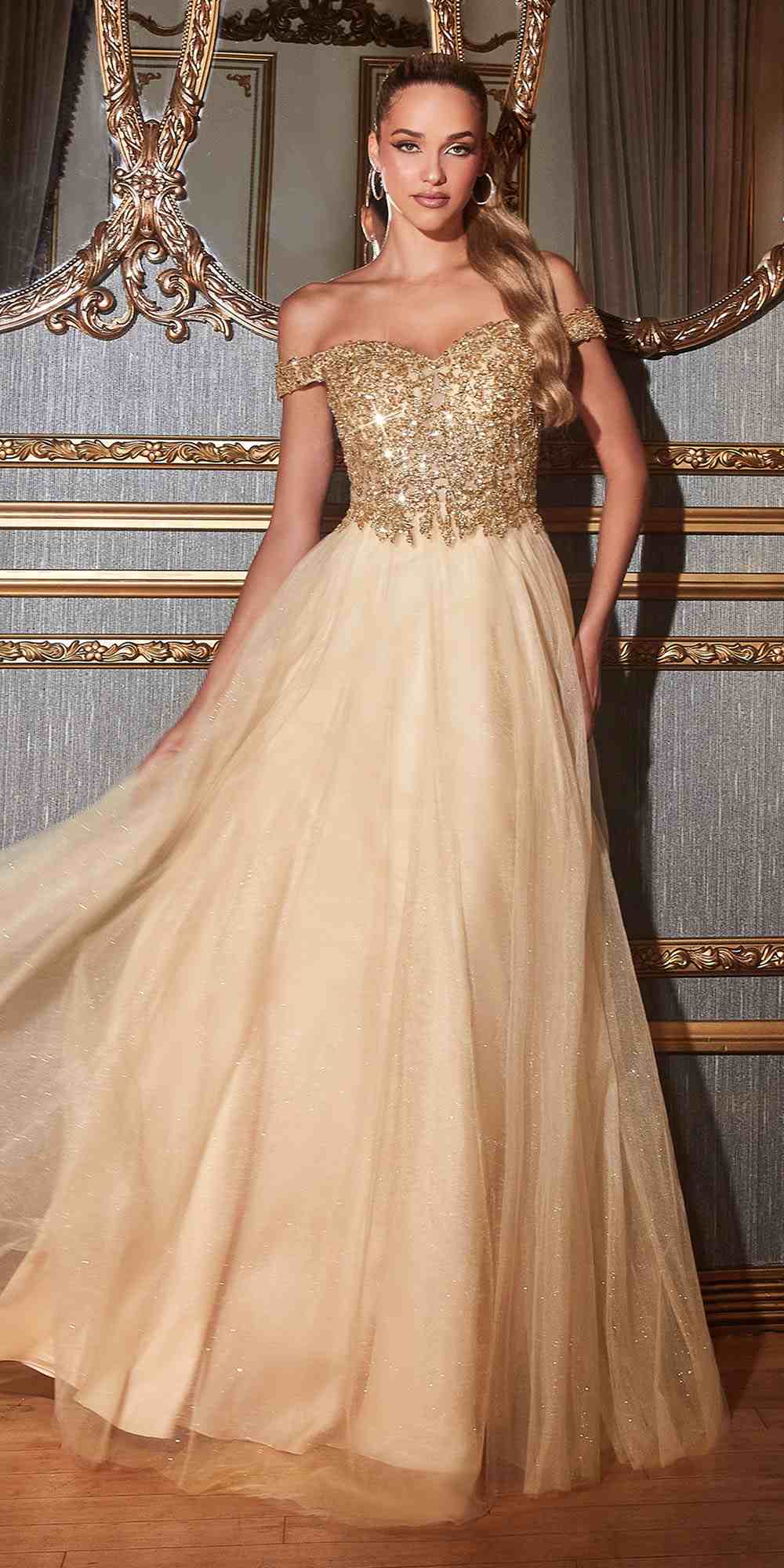 Cinderella Divine CD0177 Glitter Tulle A-Line Ball Gown Off the Shoulder by DiscountDressShop