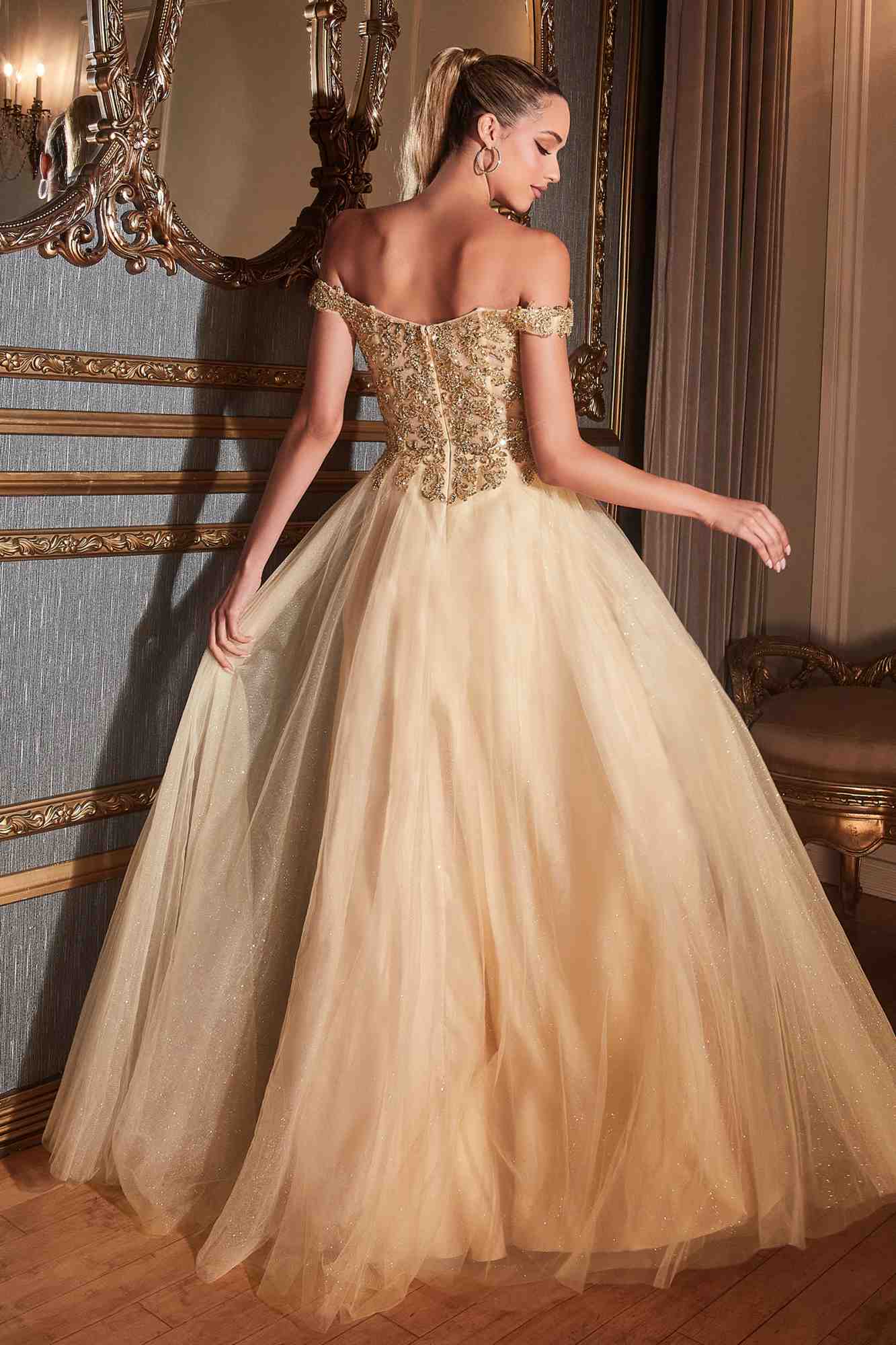 Cinderella Divine CD0177 Glitter Tulle A-Line Ball Gown Off the Shoulder by DiscountDressShop