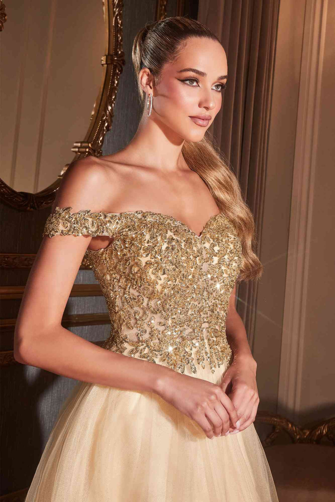 Cinderella Divine CD0177 Glitter Tulle A-Line Ball Gown Off the Shoulder by DiscountDressShop