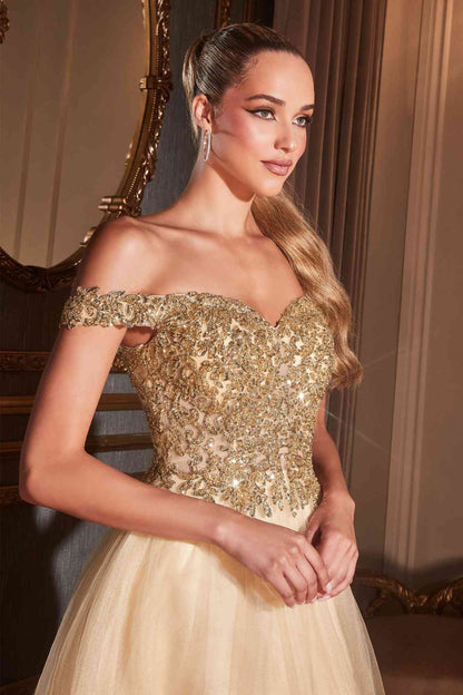Cinderella Divine CD0177 Glitter Tulle A-Line Ball Gown Off the Shoulder by DiscountDressShop