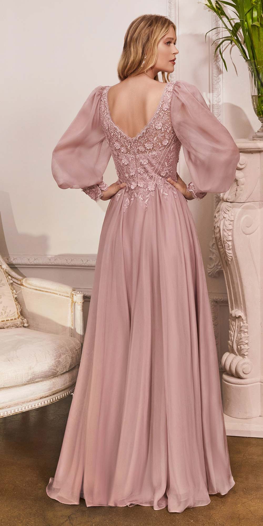 Cinderella Divine CD0183 Puff Long Sleeve Chiffon Formal Gown by DiscountDressShop