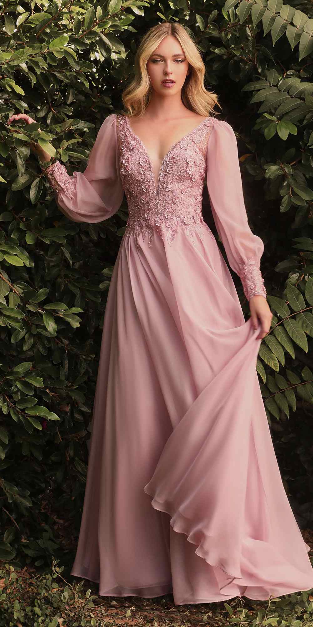 Cinderella Divine CD0183 Puff Long Sleeve Chiffon Formal Gown by DiscountDressShop