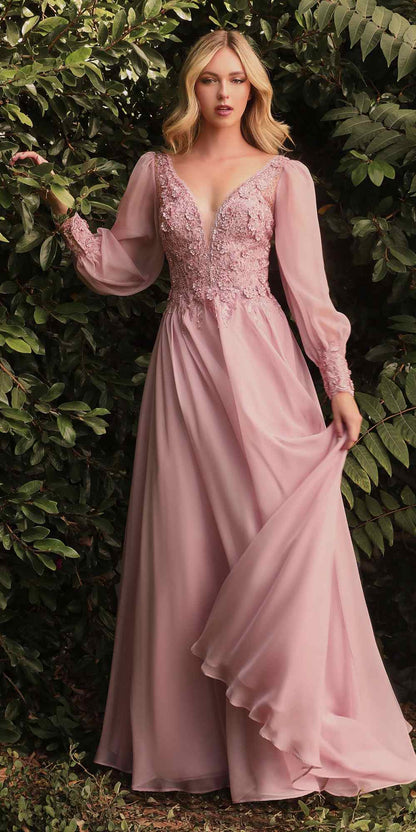 Cinderella Divine CD0183 Puff Long Sleeve Chiffon Formal Gown by DiscountDressShop
