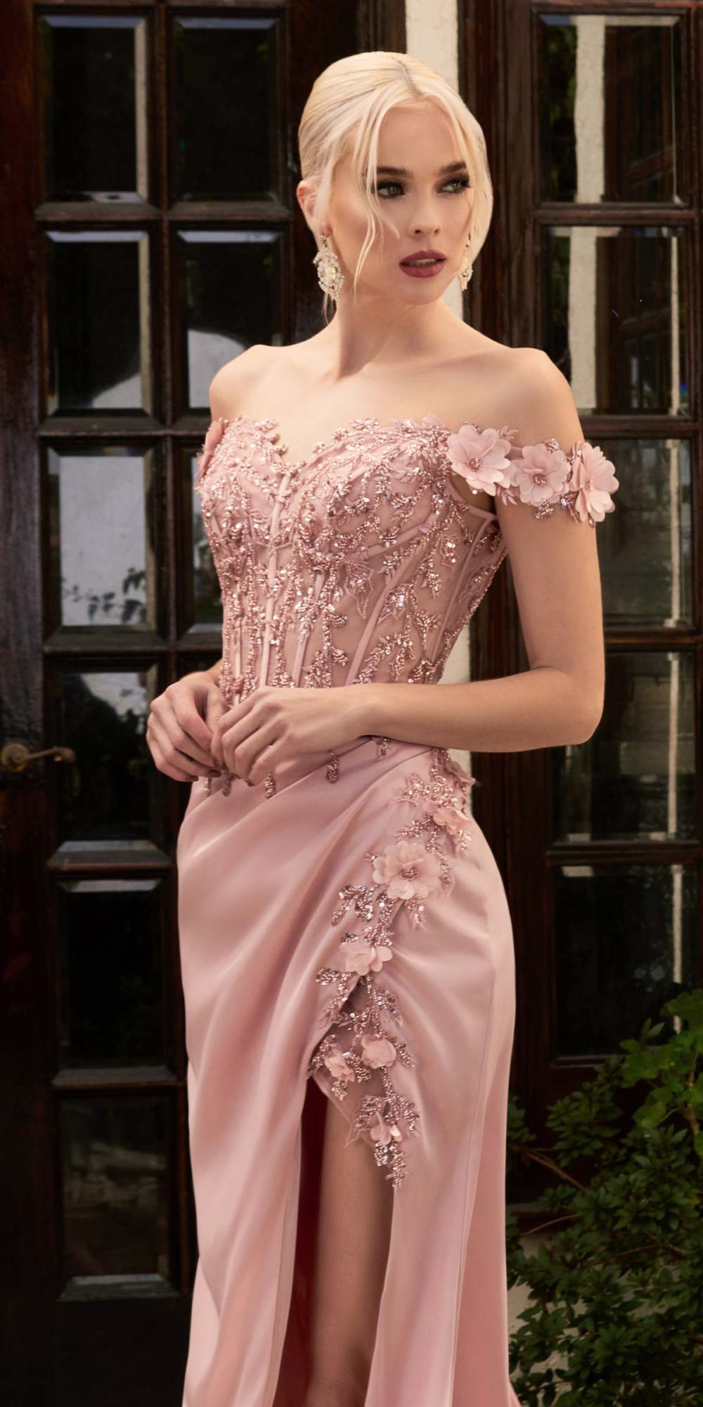 Cinderella Divine CD0186 Long Floral Off the Shoulder Gown with Slit by DiscountDressShop