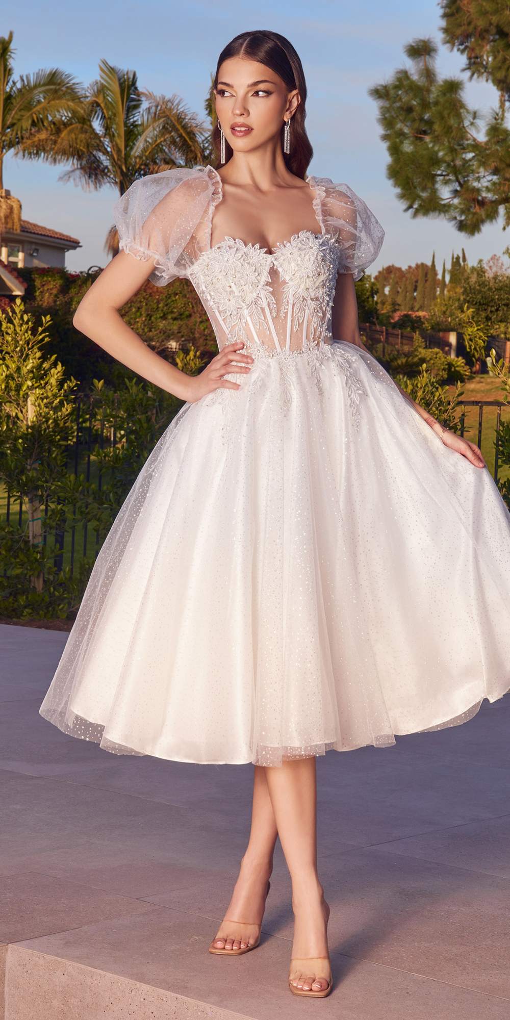 Ladivine CD0187W Tea Length Layered Tulle Dress with Short Puff Sleeves by DiscountDressShop