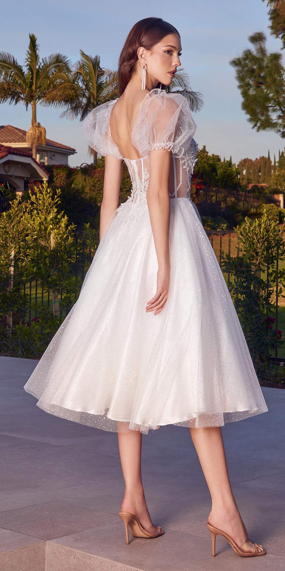 Ladivine CD0187W Tea Length Layered Tulle Dress with Short Puff Sleeves by DiscountDressShop