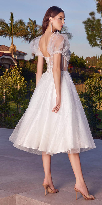Ladivine CD0187W Tea Length Layered Tulle Dress with Short Puff Sleeves by DiscountDressShop