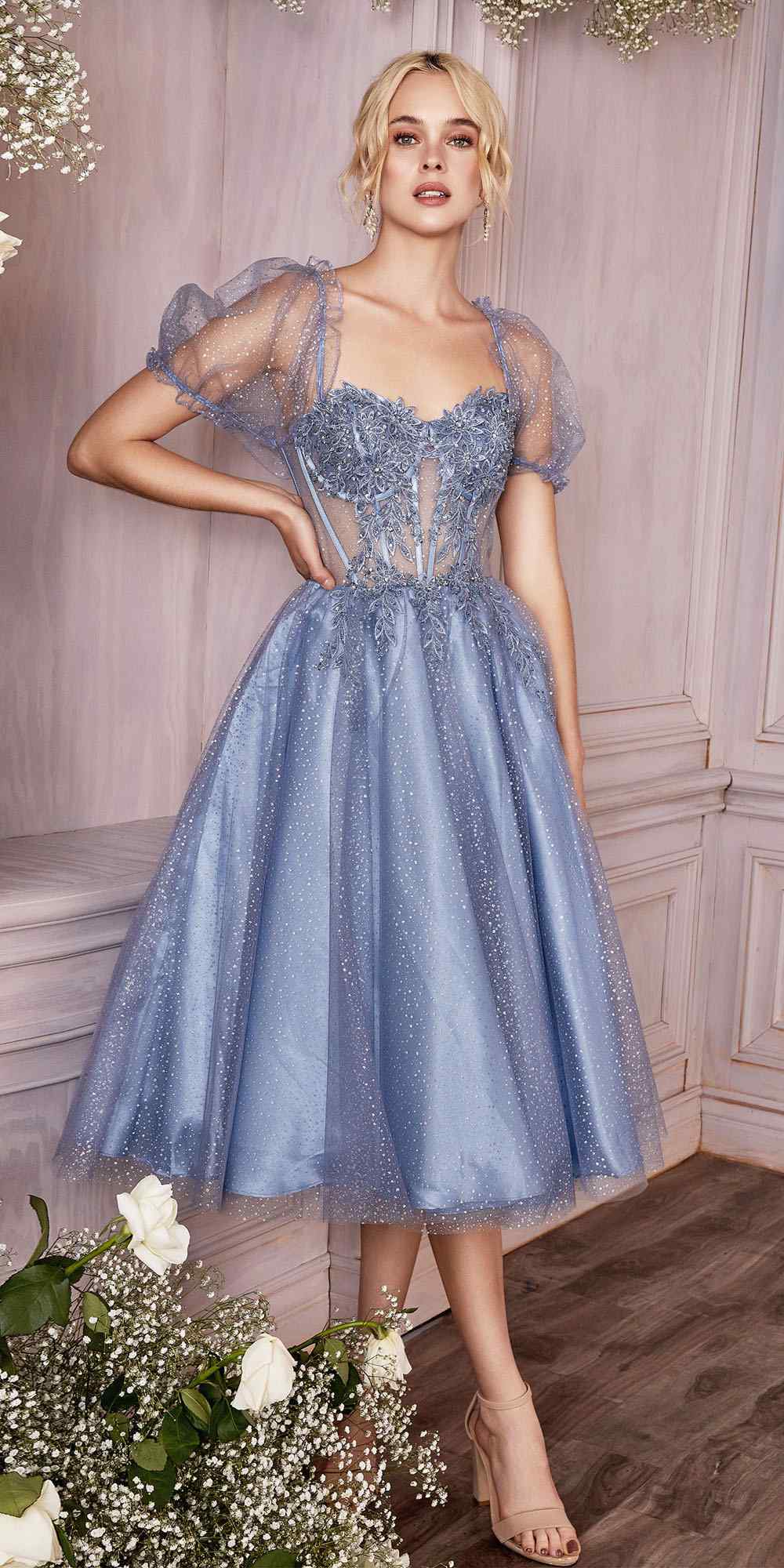 Cinderella Divine CD0187 Tea Length Layered Tulle Dress with Short Puff Sleeves by DiscountDressShop