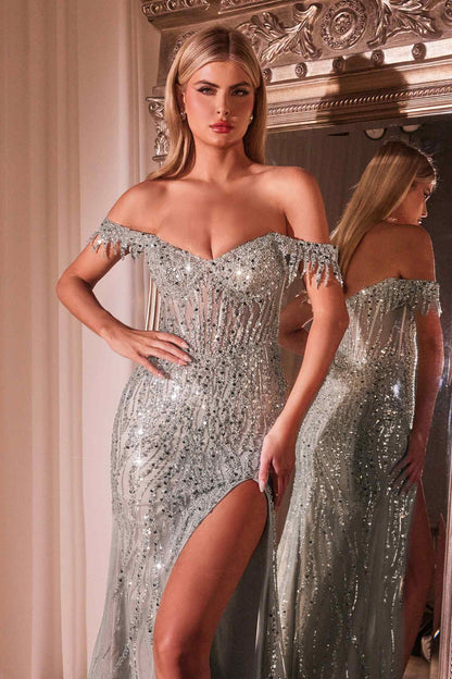Ladivine CD0203 Long Fitted Off the Shoulder Sequin Gown with Slit by DiscountDressShop