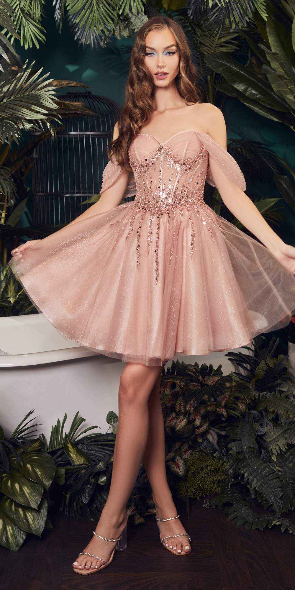 Ladivine CD0211 Off The Shoulder Embellished A-Line Short Corset Bodice Dress - DestGlow
