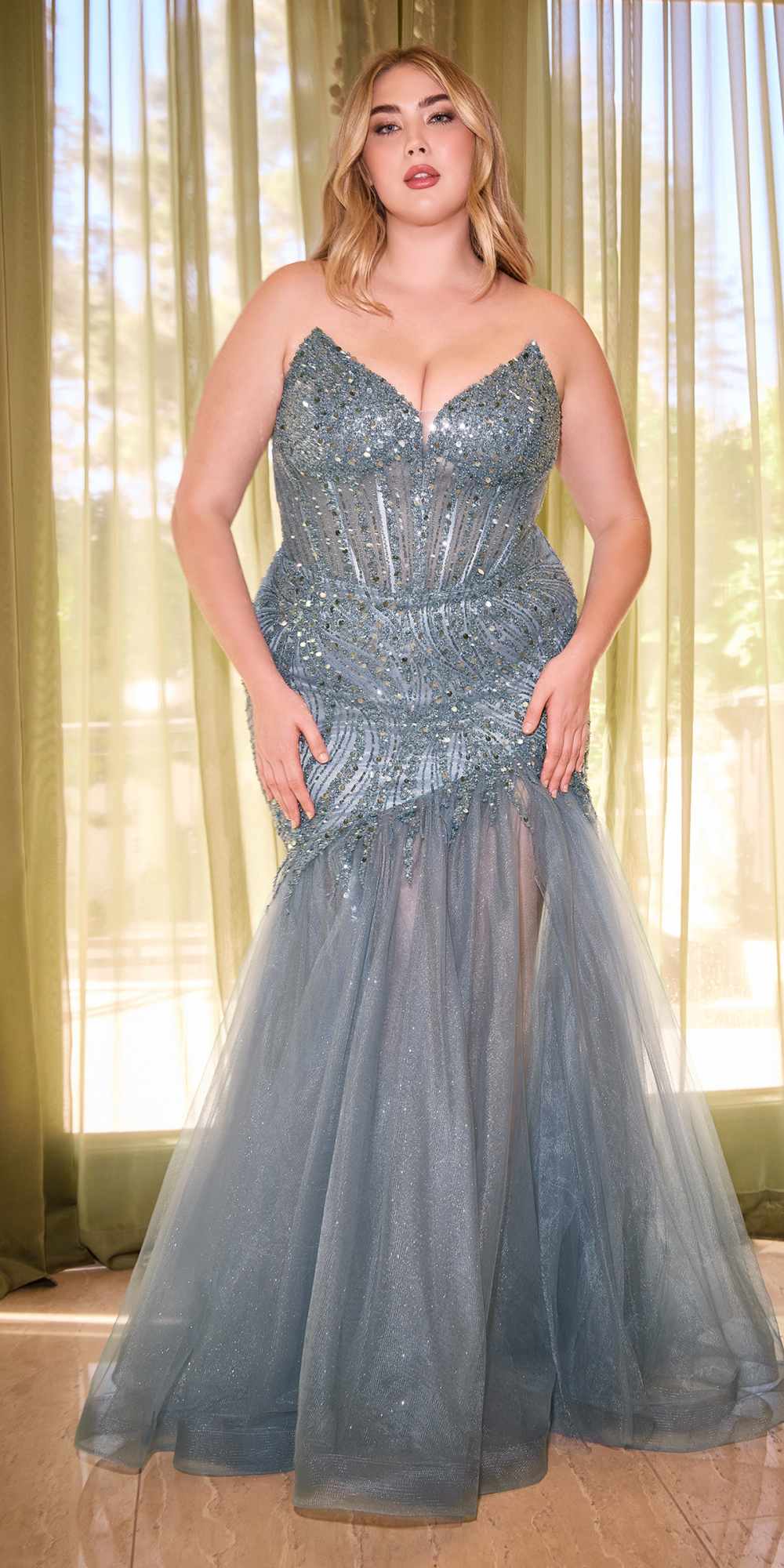 Cinderella Divine CD0214 Strapless Pointed Cup Beaded Mermaid Dress by DiscountDressShop