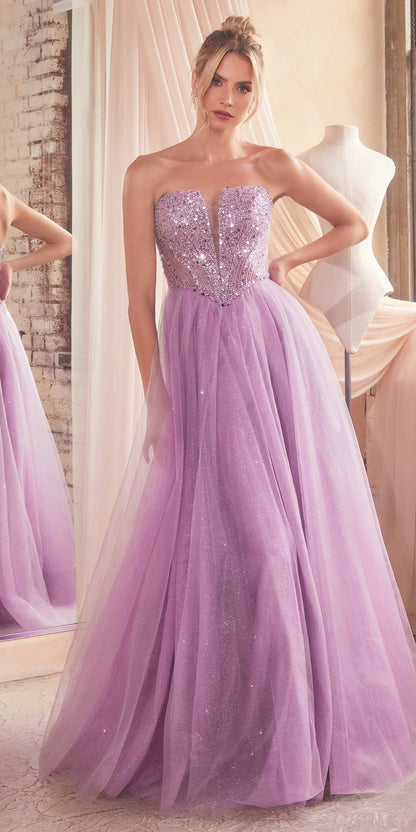 Ladivine CD0217 Long A-Line Strapless Sequin Bodice Glitter Tulle Skirt Dress by DiscountDressShop