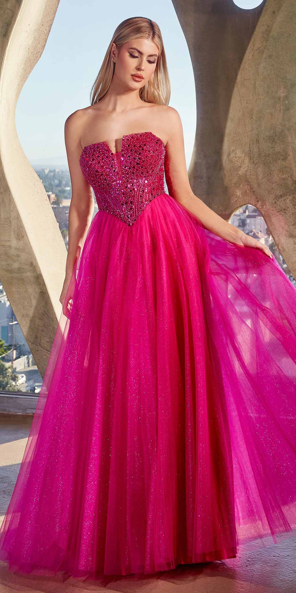 Ladivine CD0217 Long A-Line Strapless Sequin Bodice Glitter Tulle Skirt Dress by DiscountDressShop