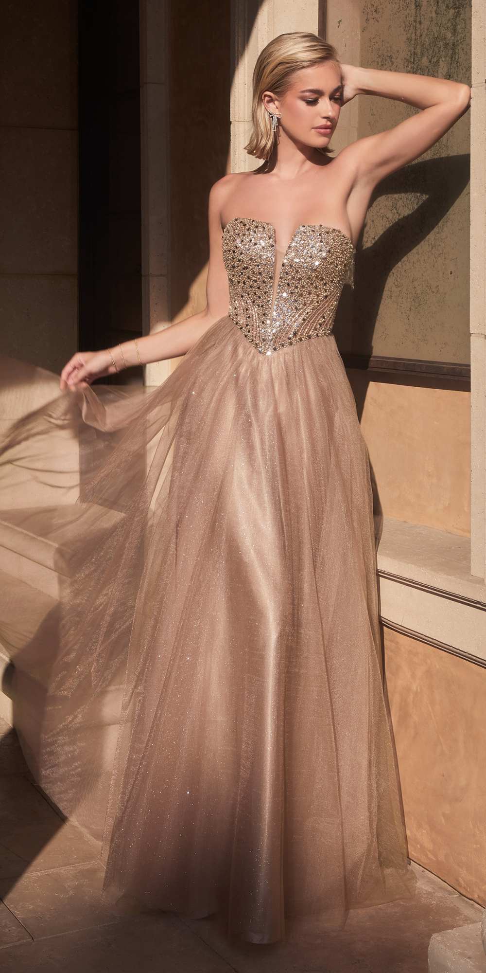 Ladivine CD0217 Long A-Line Strapless Sequin Bodice Glitter Tulle Skirt Dress by DiscountDressShop