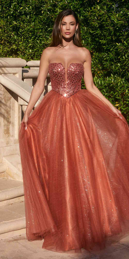Ladivine CD0217 Long A-Line Strapless Sequin Bodice Glitter Tulle Skirt Dress by DiscountDressShop