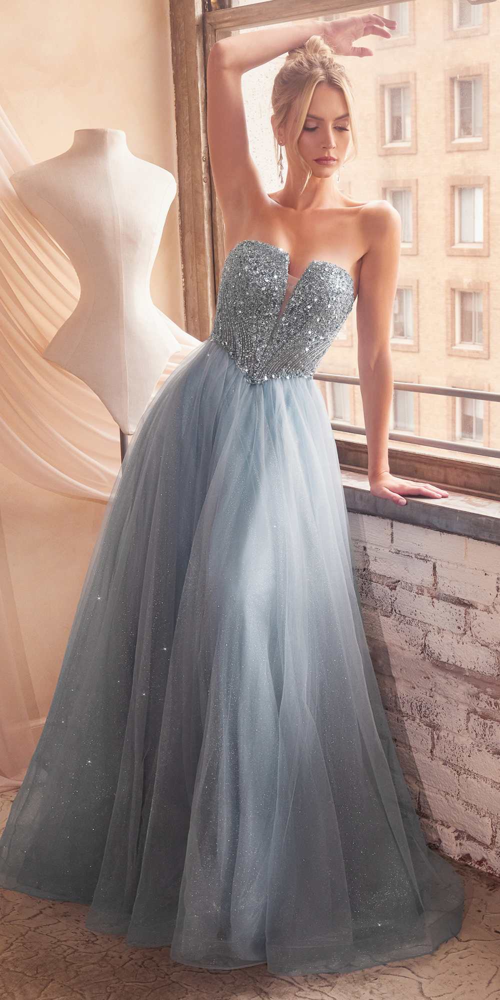 Ladivine CD0217 Long A-Line Strapless Sequin Bodice Glitter Tulle Skirt Dress by DiscountDressShop