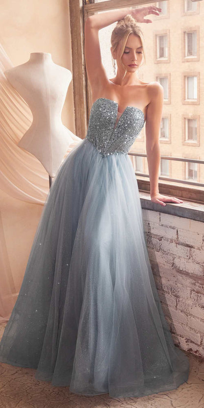 Ladivine CD0217 Long A-Line Strapless Sequin Bodice Glitter Tulle Skirt Dress by DiscountDressShop