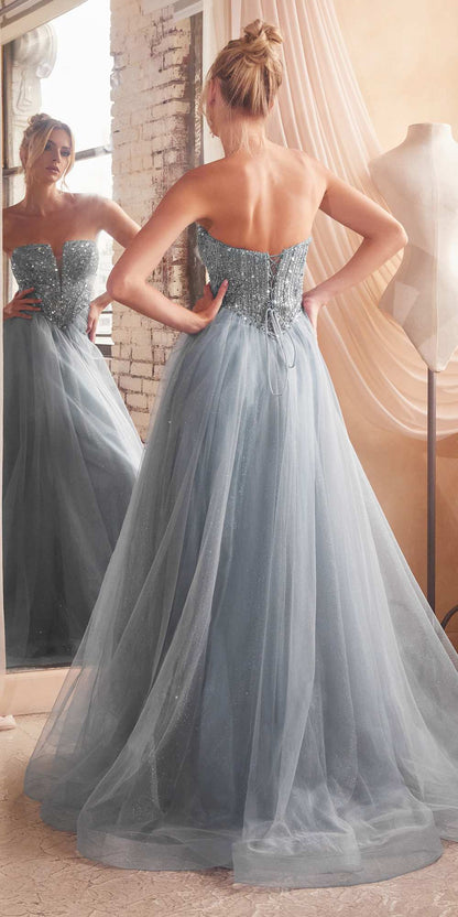 Ladivine CD0217 Long A-Line Strapless Sequin Bodice Glitter Tulle Skirt Dress by DiscountDressShop