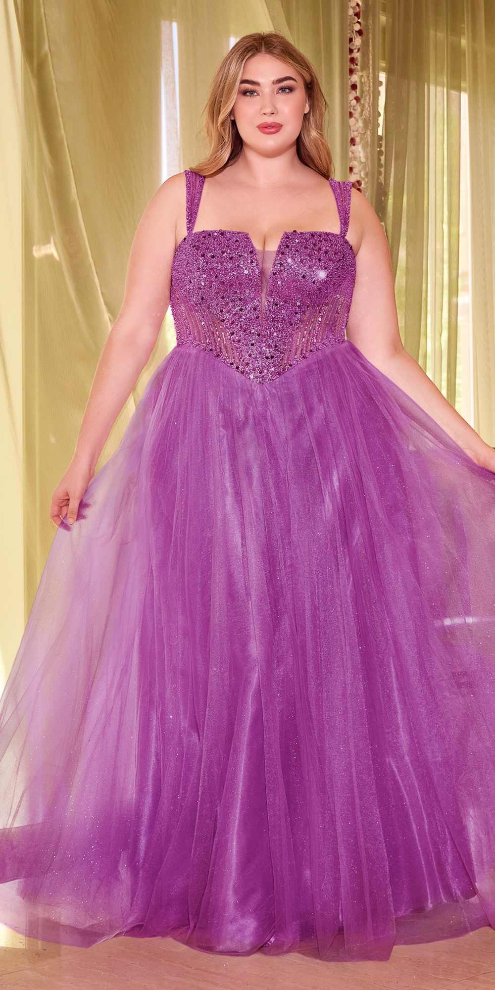 Ladivine CD0217 Long A-Line Strapless Sequin Bodice Glitter Tulle Skirt Dress by DiscountDressShop