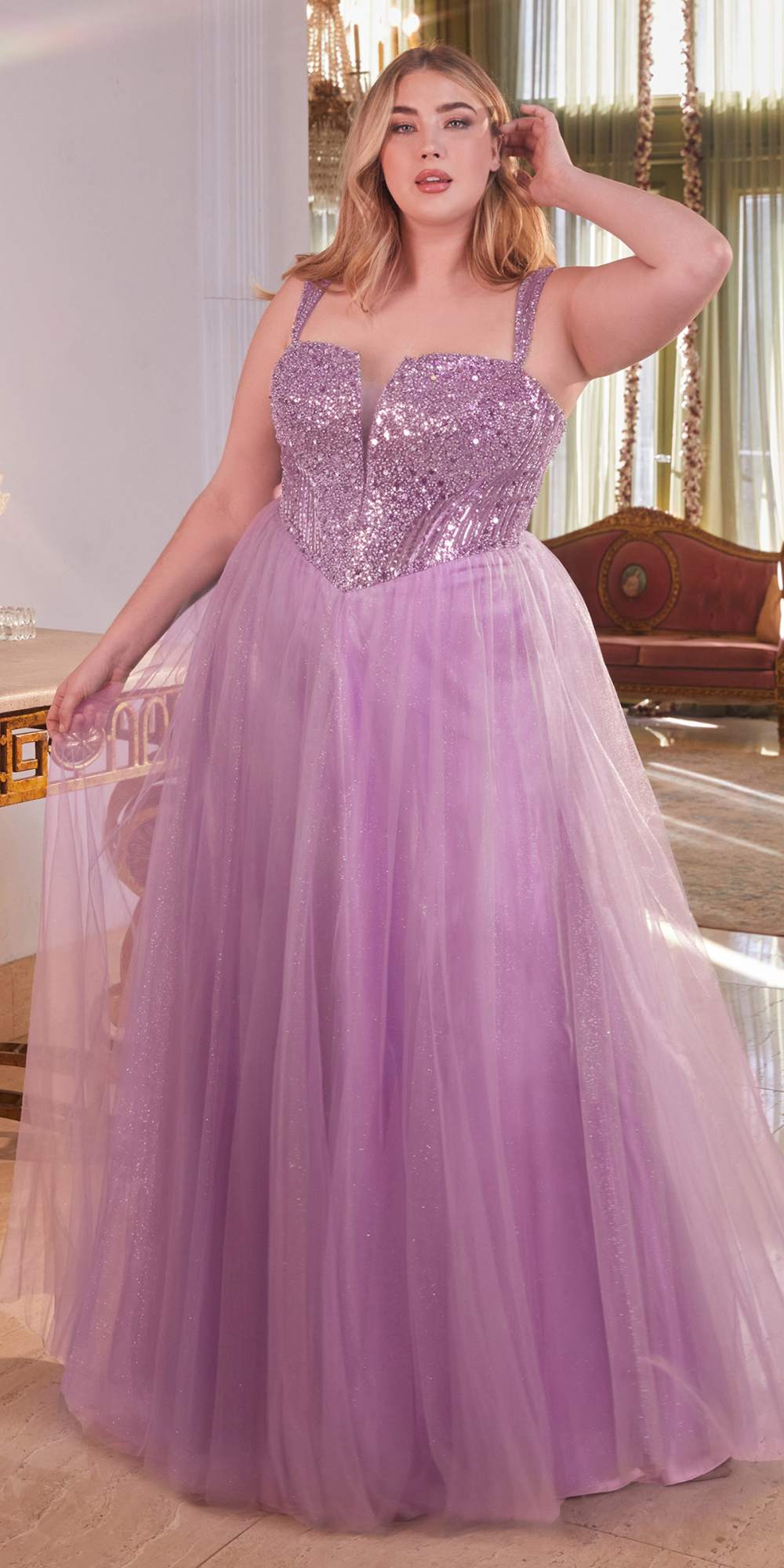 Ladivine CD0217 Long A-Line Strapless Sequin Bodice Glitter Tulle Skirt Dress by DiscountDressShop