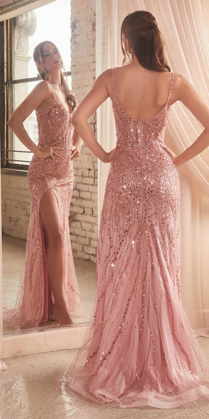 Ladivine CD0220 Long Fitted Sexy Slit Formal Sequin Gown by DiscountDressShop