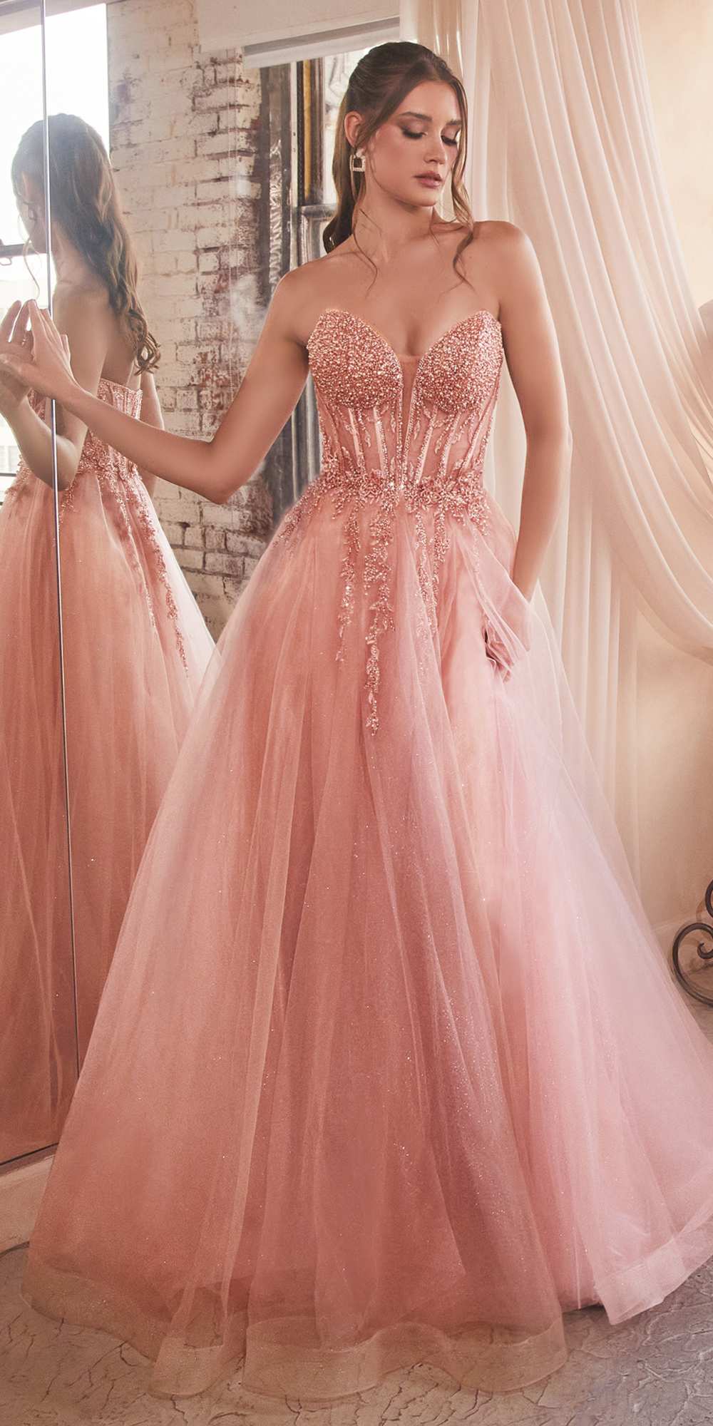Ladivine CD0230 Long Strapless Layered Tulle Leg Slit Ballgown by DiscountDressShop