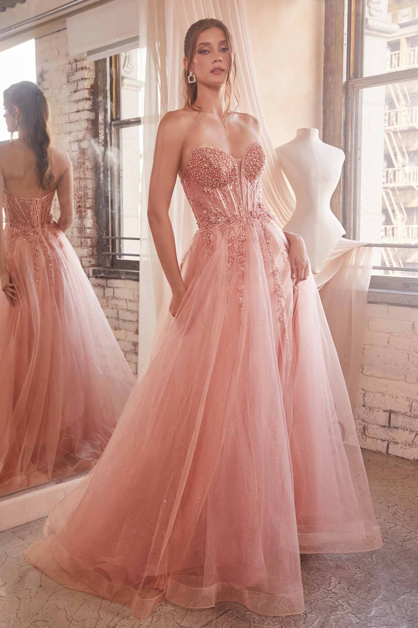 Ladivine CD0230 Long Strapless Layered Tulle Leg Slit Ballgown by DiscountDressShop