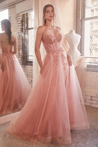 Ladivine CD0230 Long Strapless Layered Tulle Leg Slit Ballgown by DiscountDressShop