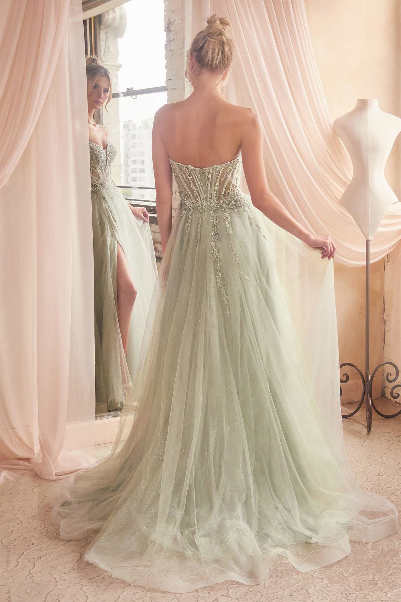 Ladivine CD0230 Long Strapless Layered Tulle Leg Slit Ballgown by DiscountDressShop