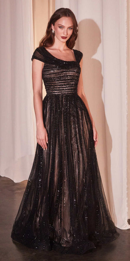 Ladivine CD0238 Asymmetrical Off The Shoulder A-Line Beaded Gown by DiscountDressShop