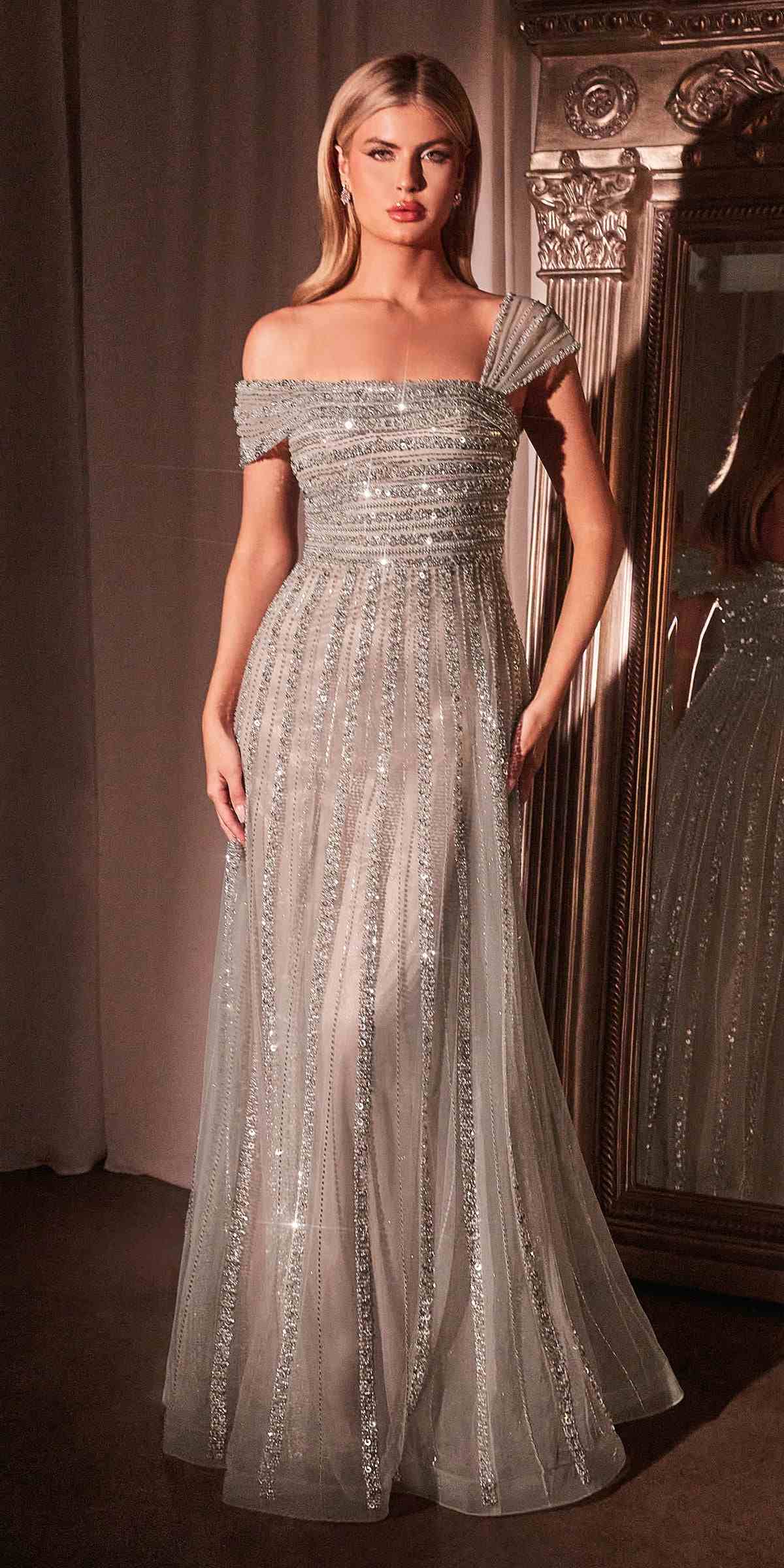 CLEARANCE - Ladivine CD0238 Off The Shoulder A-Line Beaded Black/Nude Gown (Size 10) by DiscountDressShop