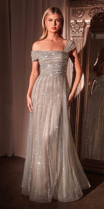 CLEARANCE - Ladivine CD0238 Off The Shoulder A-Line Beaded Black/Nude Gown (Size 10) by DiscountDressShop