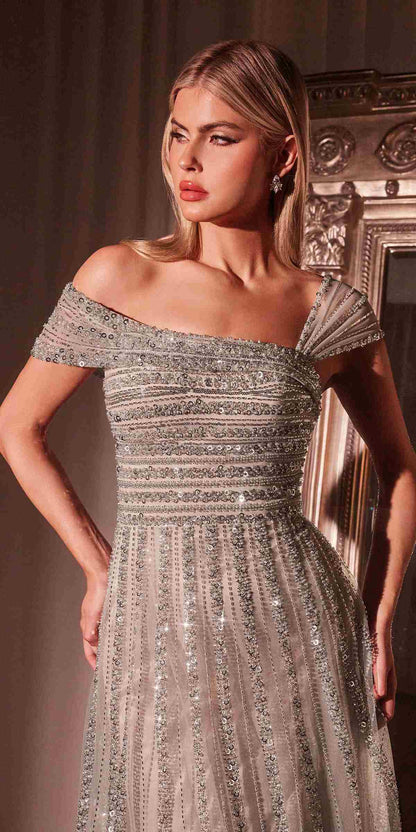 CLEARANCE - Ladivine CD0238 Off The Shoulder A-Line Beaded Black/Nude Gown (Size 10) by DiscountDressShop