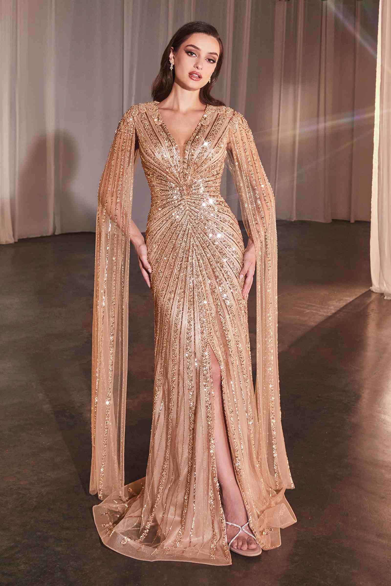 Ladivine CD0239 Long Sleeve Fully Beaded Sheath Gown by DiscountDressShop