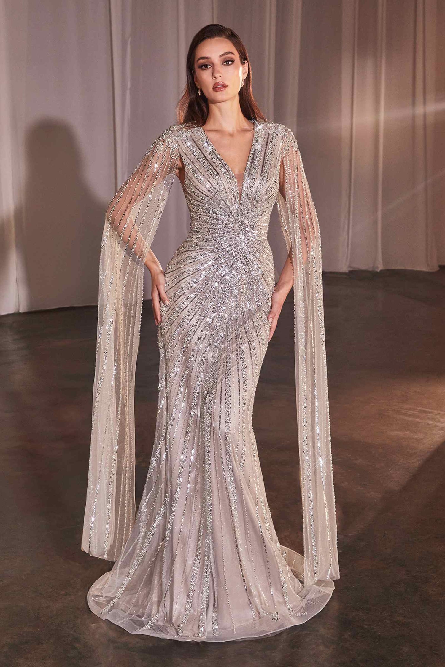 Ladivine CD0239 Long Sleeve Fully Beaded Sheath Gown by DiscountDressShop