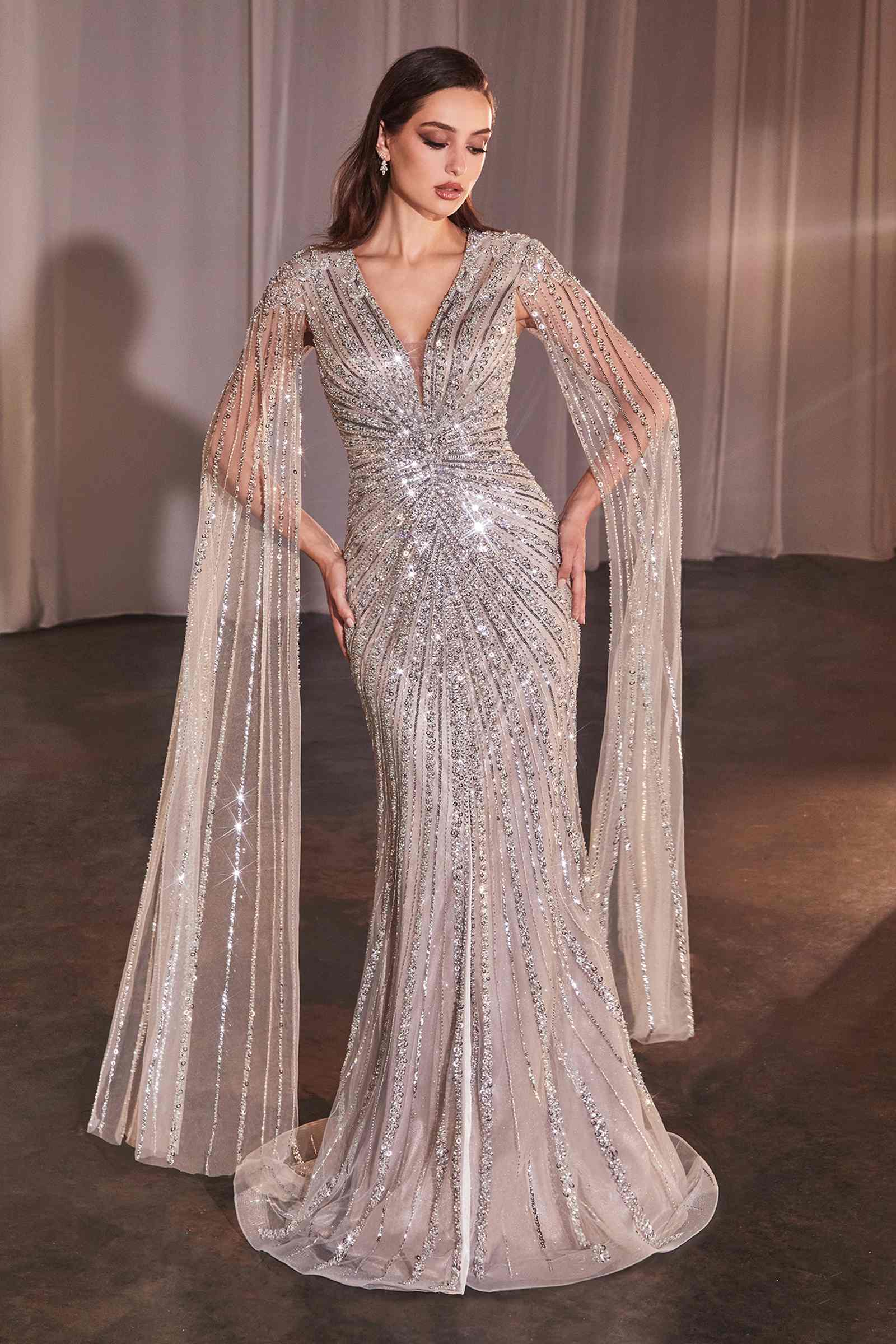 Ladivine CD0239 Long Sleeve Fully Beaded Sheath Gown by DiscountDressShop