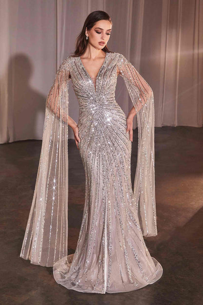 Ladivine CD0239 Long Sleeve Fully Beaded Sheath Gown by DiscountDressShop