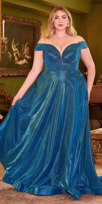 Cinderella Divine CD210C Off The Shoulder A-Line Gown Metallic Glitter by DiscountDressShop